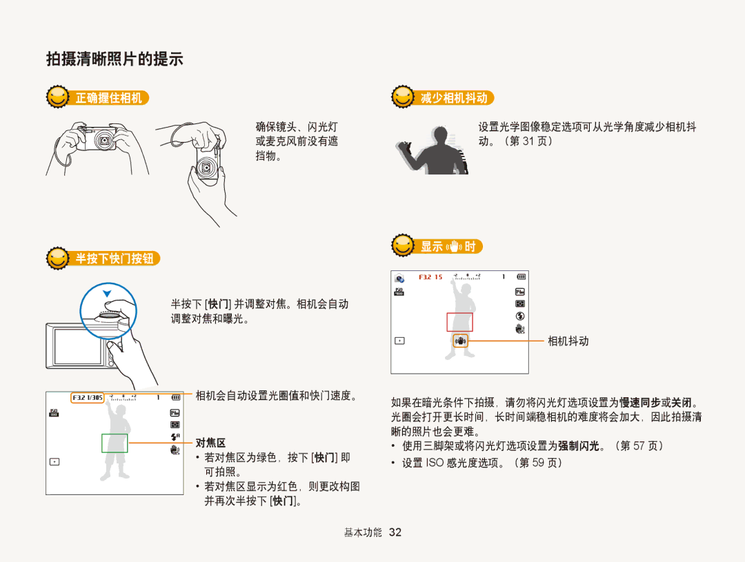 Samsung EC-WB150FBPRE2, EC-WB150FBPWE1, EC-WB150FBPBE1, EC-WB150FBPBE3, EC-WB150FBPWE3 manual 正确握住相机 减少相机抖动, 半按下快门按钮 显示 时 