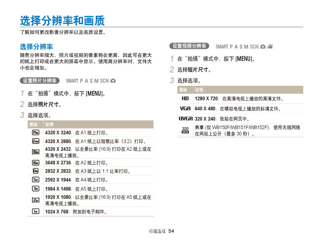 Samsung EC-WB150FBPWE2, EC-WB150FBPWE1, EC-WB150FBPBE1 选择分辨率和画质, 在拍摄模式中，按下 m。 2 选择照片尺寸。 选择选项。, 在拍摄模式中，按下 m。 2 选择短片尺寸。 选择选项。 