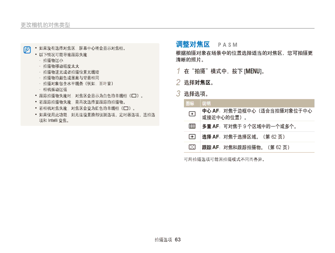 Samsung EC-WB150FBDWE3, EC-WB150FBPWE1, EC-WB150FBPBE1, EC-WB150FBPBE3, EC-WB150FBPWE3, EC-WB150FBPRE3, EC-WB150FBDBE3 选择对焦区。 