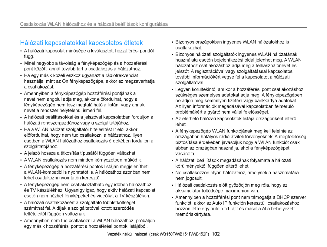 Samsung EC-WB150FBPWE2, EC-WB150FBPWE1, EC-WB150FBPBE1, EC-WB150FBPBE3 manual Hálózati kapcsolatokkal kapcsolatos ötletek 