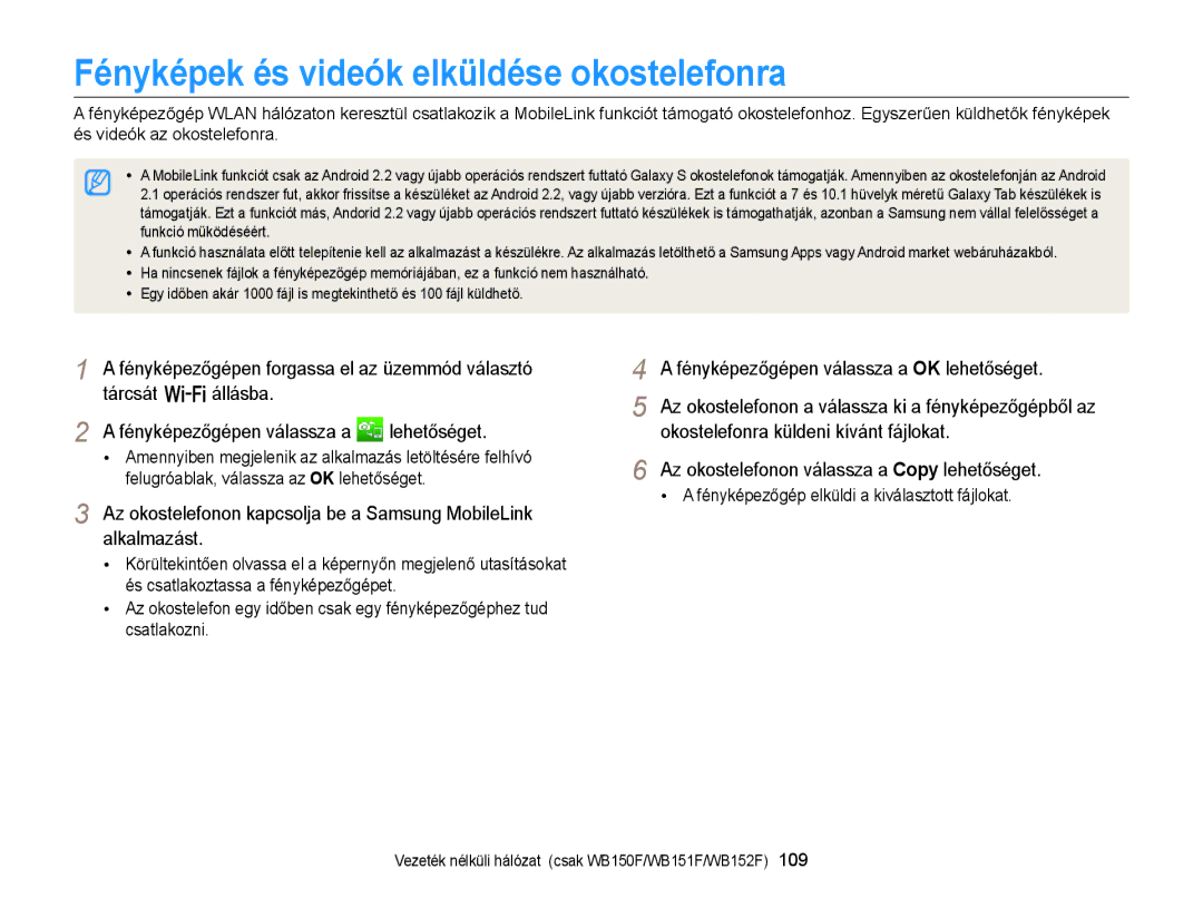 Samsung EC-WB150FBPBE3 manual Fényképek és videók elküldése okostelefonra, Az okostelefonon válassza a Copy lehetőséget 
