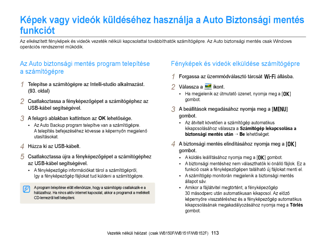 Samsung EC-WB150FBDBE3, EC-WB150FBPWE1, EC-WB150FBPBE1 manual Az Auto biztonsági mentés program telepítése a számítógépre 