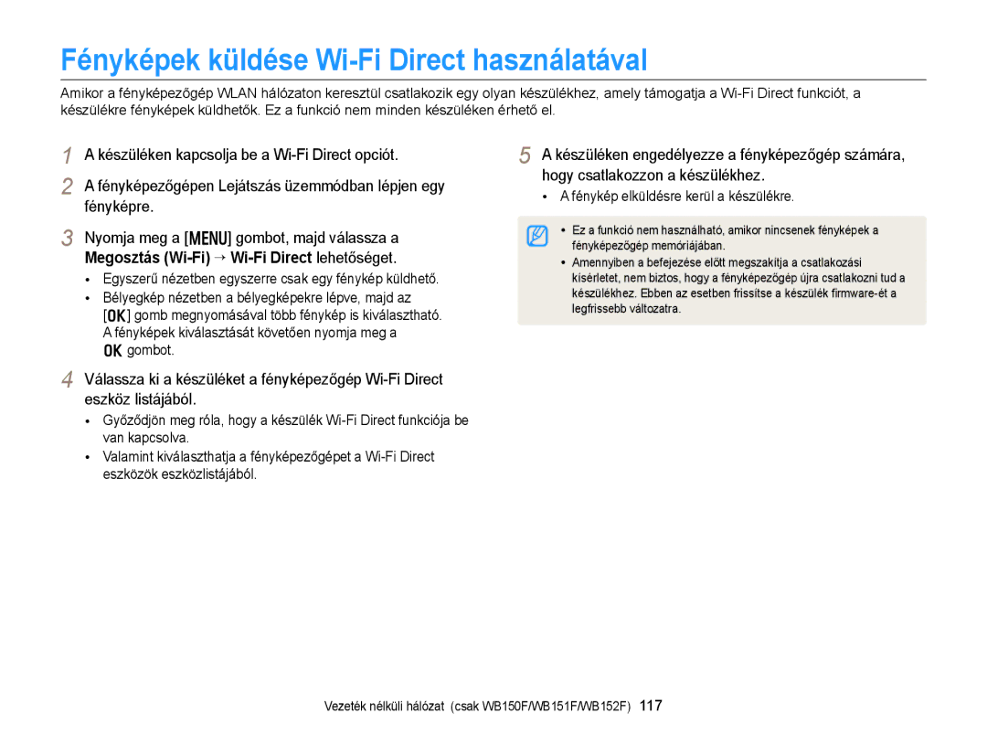 Samsung EC-WB150ZBPWE2 manual Fényképek küldése Wi-Fi Direct használatával, Készüléken kapcsolja be a Wi-Fi Direct opciót 