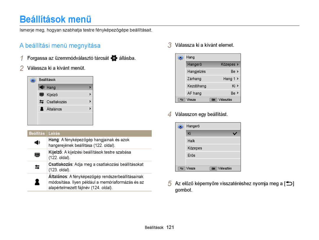 Samsung EC-WB150FBPBE3, EC-WB150FBPWE1 manual Beállítások menü, Beállítási menü megnyitása, Válassza ki a kívánt elemet 