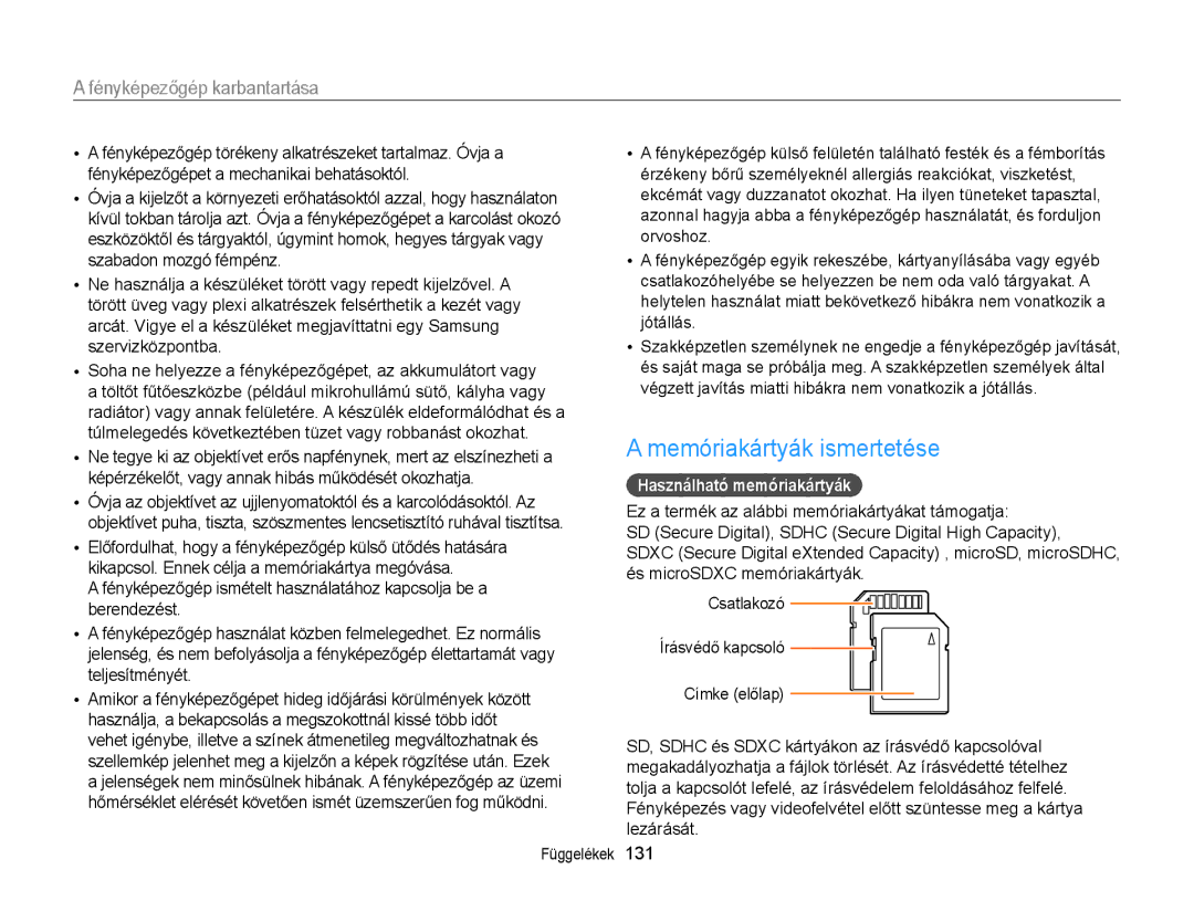 Samsung EC-WB150FBPWE1, EC-WB150FBPBE1, EC-WB150FBPBE3 manual Memóriakártyák ismertetése, Használható memóriakártyák 