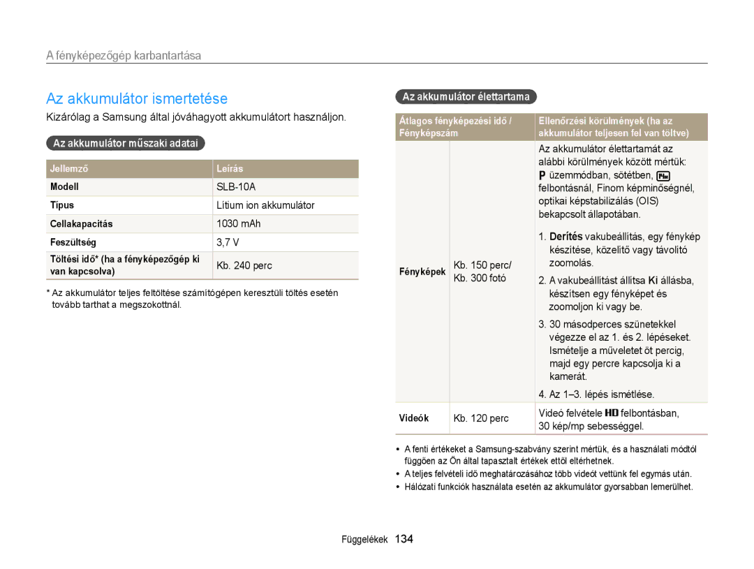 Samsung EC-WB150FBPWE3 manual Az akkumulátor ismertetése, Az akkumulátor műszaki adatai, Az akkumulátor élettartama 