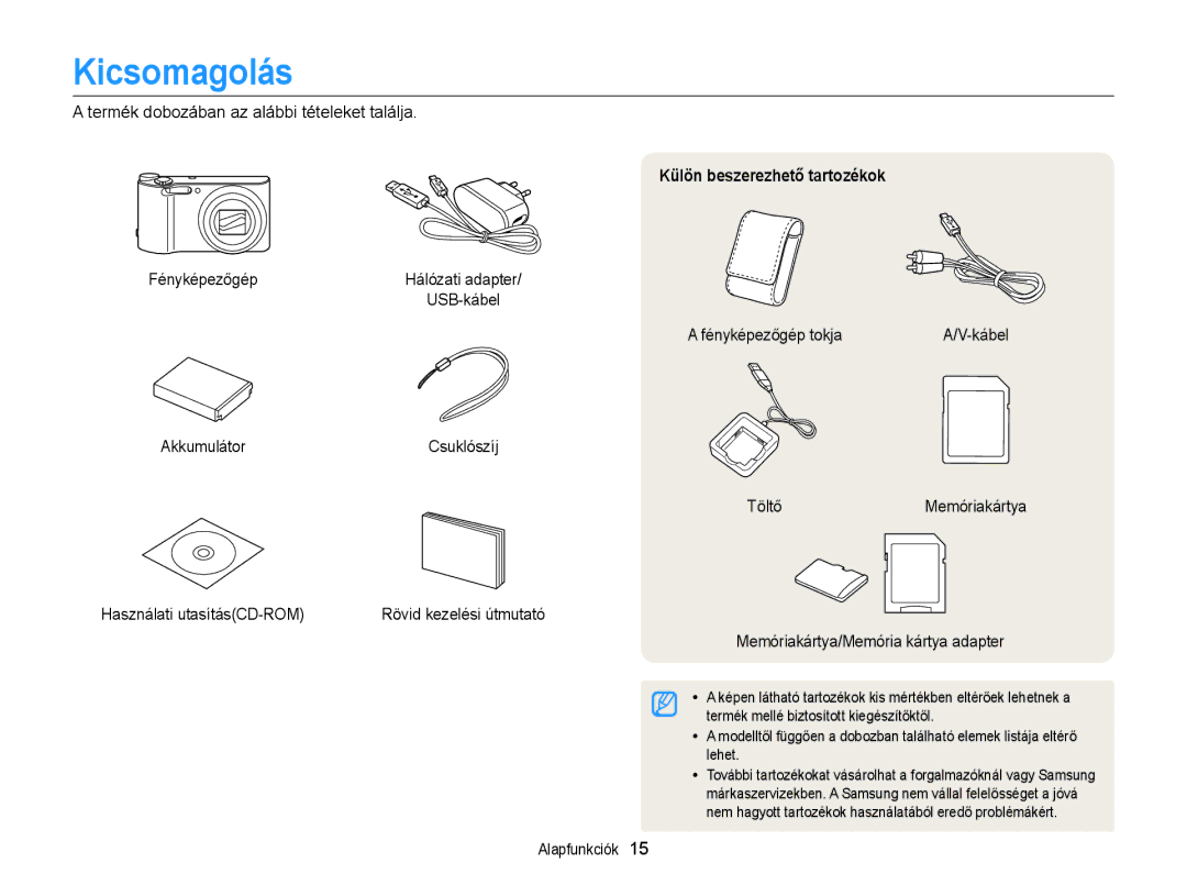 Samsung EC-WB150FBDWE3, EC-WB150FBPWE1, EC-WB150FBPBE1, EC-WB150FBPBE3 manual Kicsomagolás, Külön beszerezhető tartozékok 