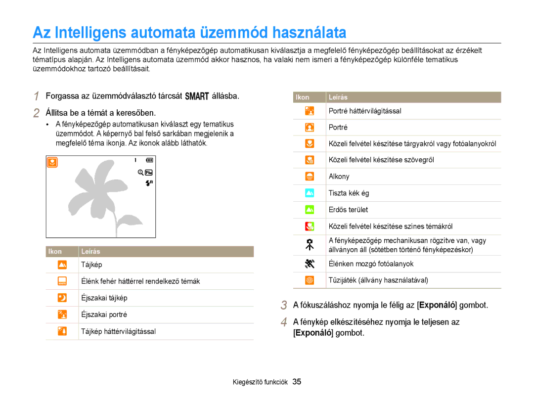 Samsung EC-WB150FBPWE1 manual Az Intelligens automata üzemmód használata, Fénykép elkészítéséhez nyomja le teljesen az 