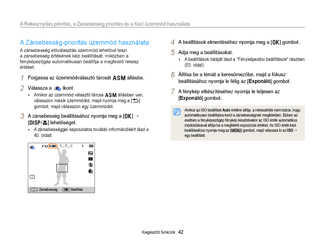 Samsung EC-WB150FBPWE2 Zársebesség-prioritás üzemmód használata, Zársebesség beállításához nyomja meg a o “, Lehetőséget 