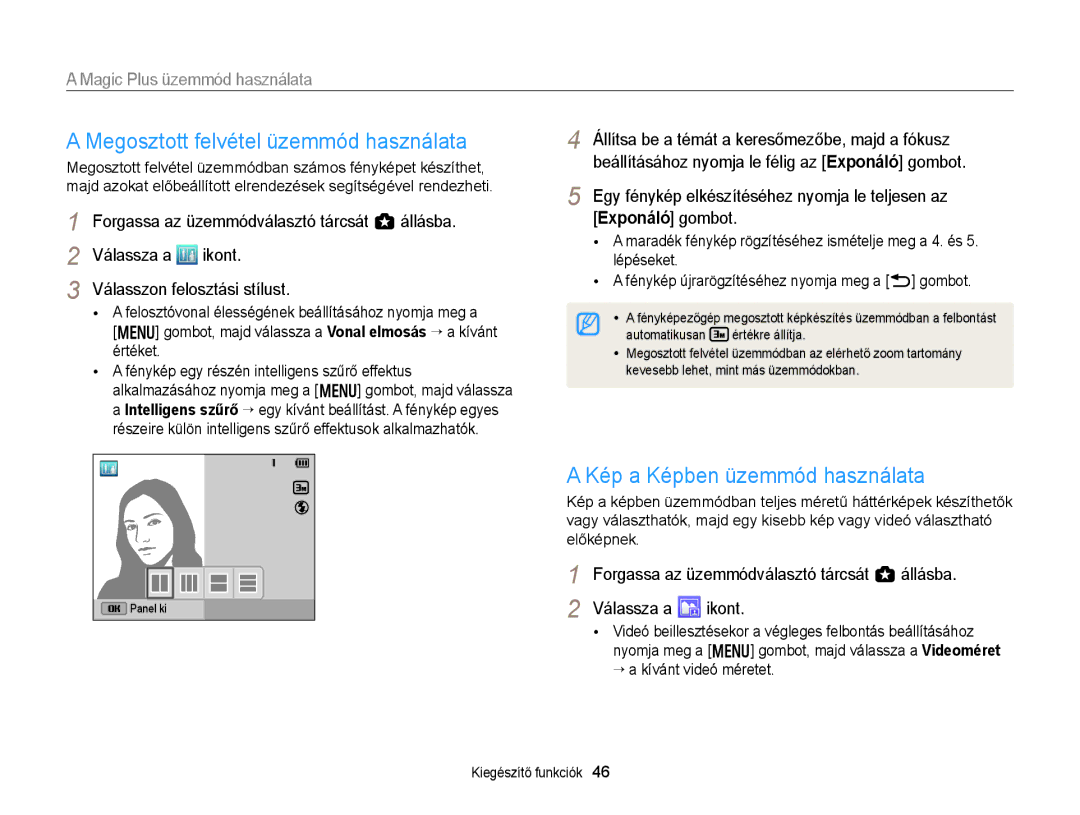 Samsung EC-WB150ZBPBE2, EC-WB150FBPWE1 manual Megosztott felvétel üzemmód használata, Kép a Képben üzemmód használata 