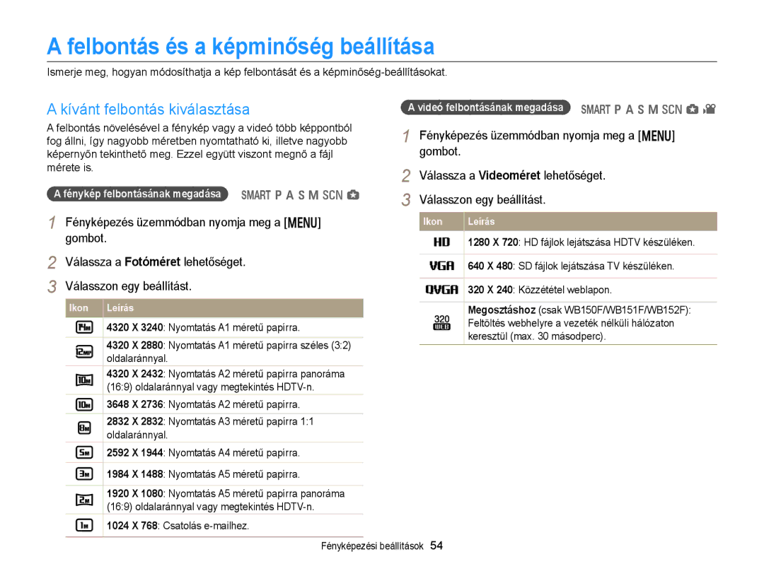 Samsung EC-WB150FBPWE2, EC-WB150FBPWE1, EC-WB150FBPBE1 Felbontás és a képminőség beállítása, Kívánt felbontás kiválasztása 