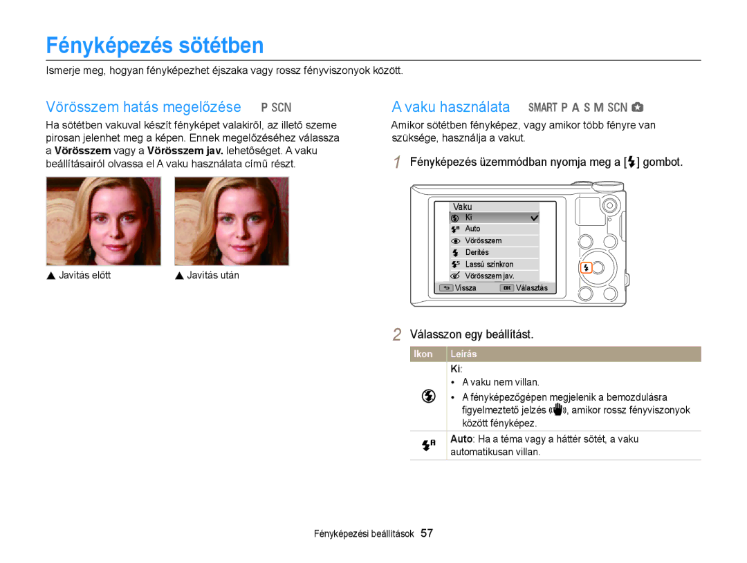 Samsung EC-WB150ZBPWE2, EC-WB150FBPWE1 Fényképezés sötétben, Vörösszem hatás megelőzése p s, Vaku használata T p a h M s g 