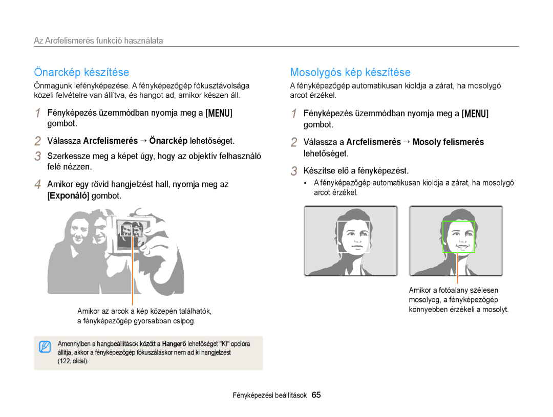 Samsung EC-WB150FBDBE3 manual Önarckép készítése, Mosolygós kép készítése, Az Arcfelismerés funkció használata, Felé nézzen 