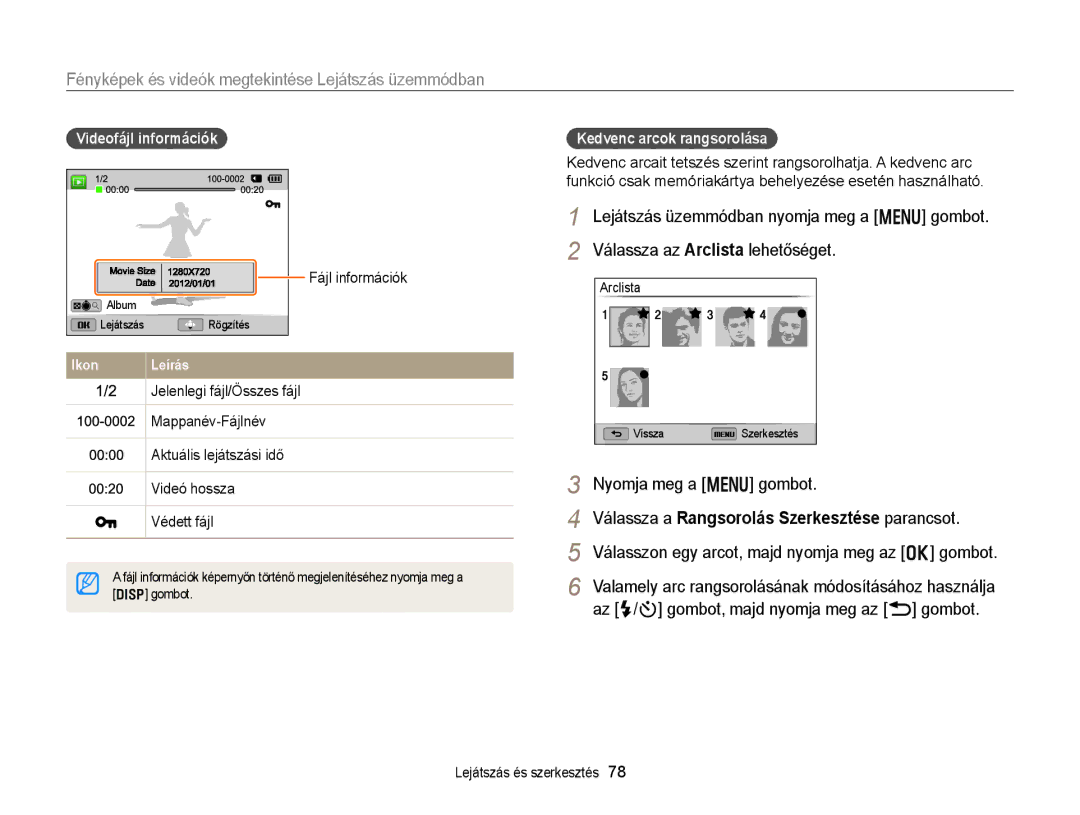 Samsung EC-WB150FBPWE2 manual Fényképek és videók megtekintése Lejátszás üzemmódban, Videofájl információk, Arclista 