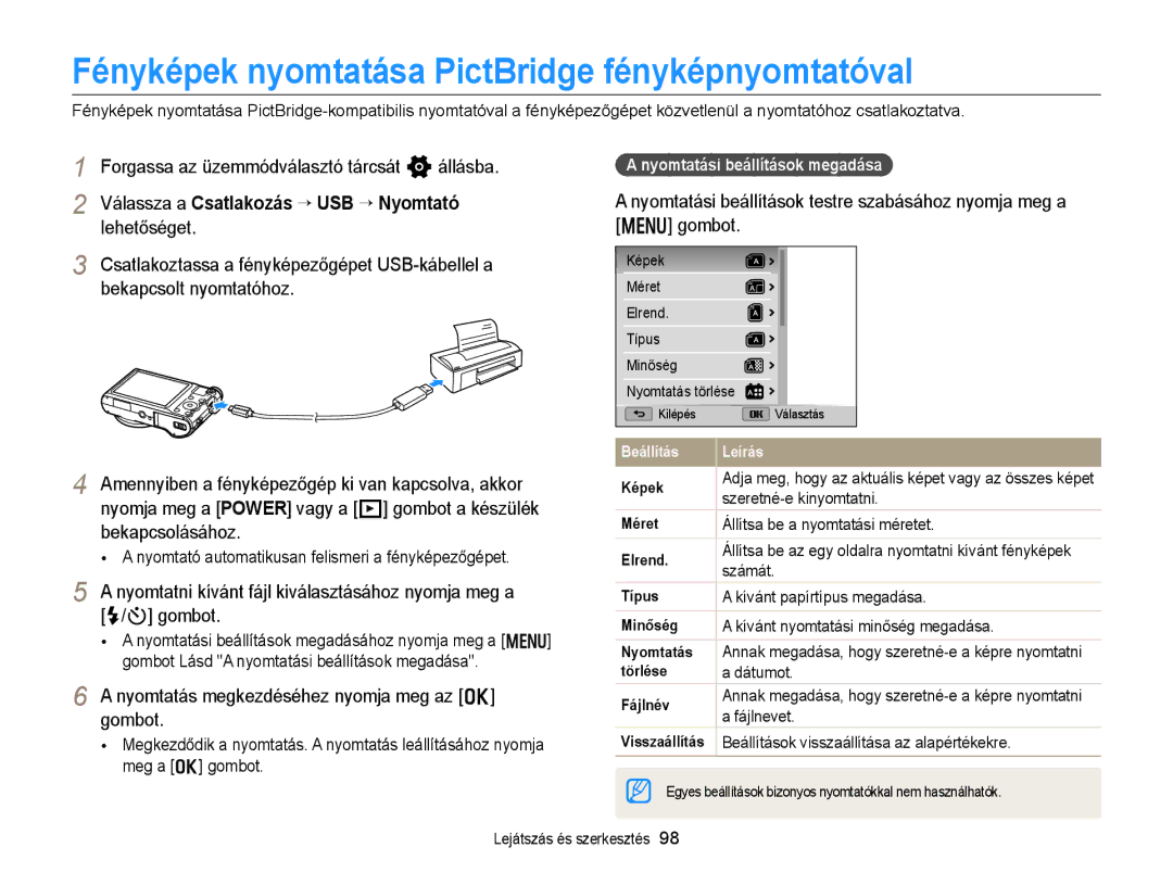 Samsung EC-WB150FBPWE3 Fényképek nyomtatása PictBridge fényképnyomtatóval, Nyomtatás megkezdéséhez nyomja meg az o gombot 