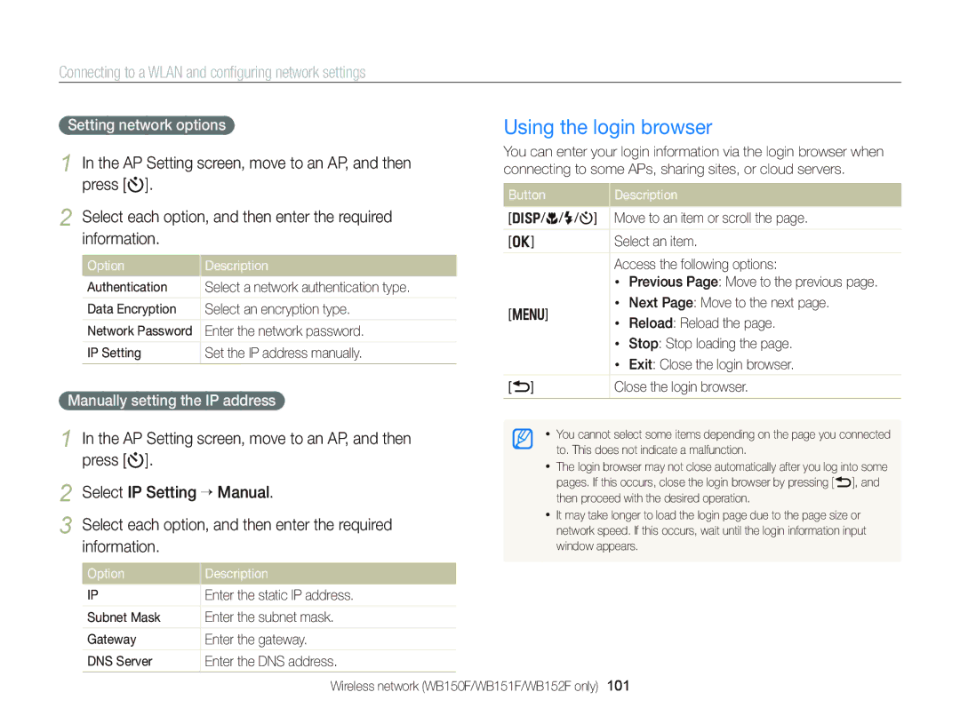 Samsung EC-WB151FBPWRU, EC-WB150FBPWE1 manual Using the login browser, Connecting to a Wlan and conﬁguring network settings 