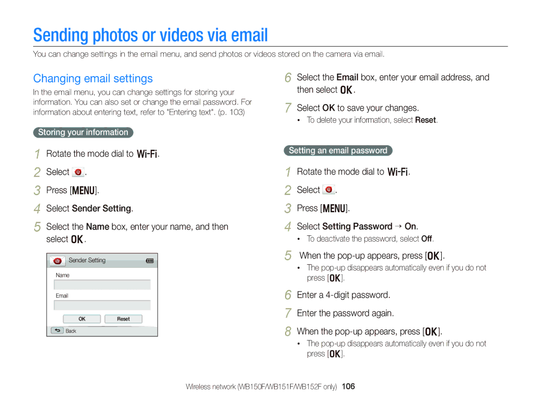 Samsung EC-WB150FBPBE1 manual Sending photos or videos via email, Changing email settings, When the pop-up appears, press o 