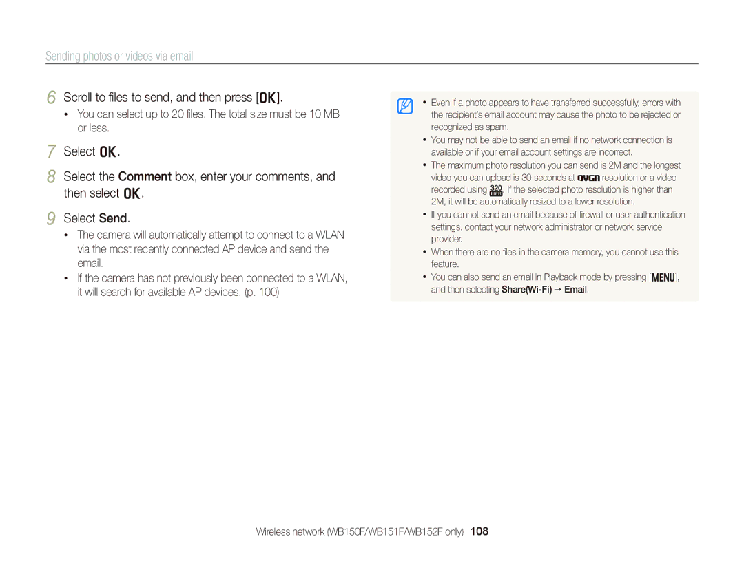 Samsung EC-WB150FBPBFR, EC-WB150FBPWE1, EC-WB150FBPBE1, EC-WB150FBPWFR manual Scroll to ﬁles to send, and then press o 