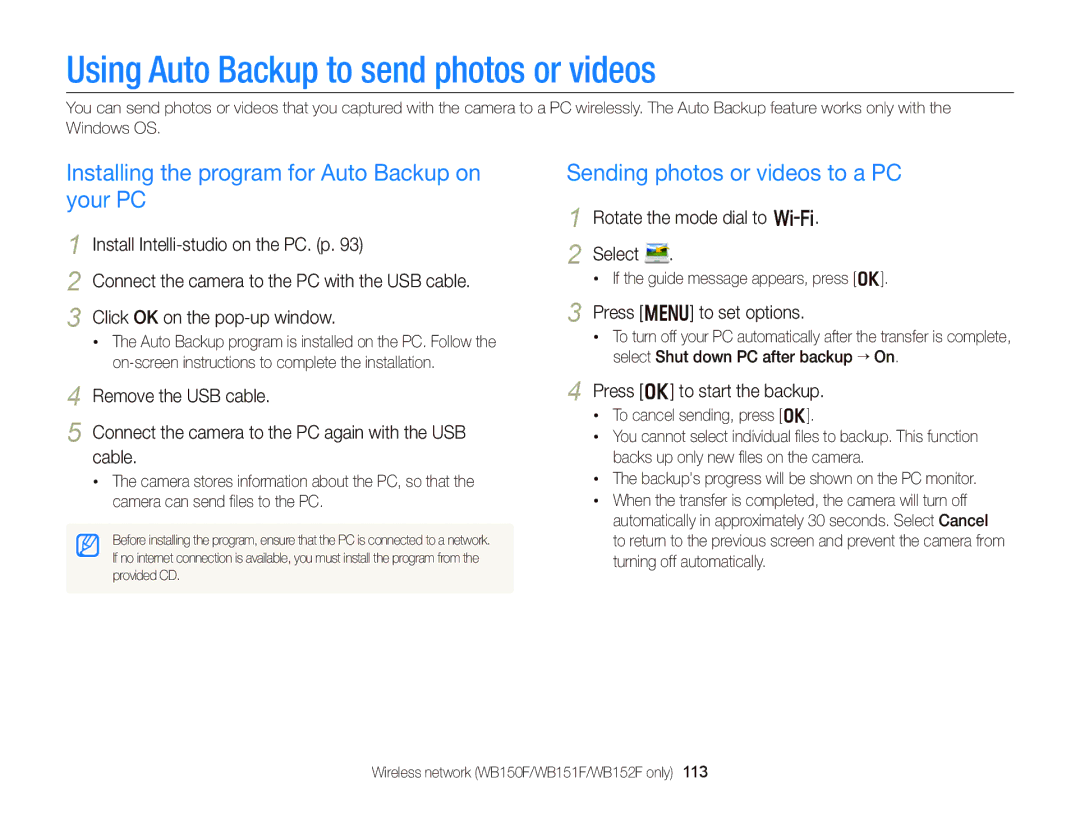 Samsung EC-WB150FBPWIL manual Using Auto Backup to send photos or videos, Installing the program for Auto Backup on your PC 