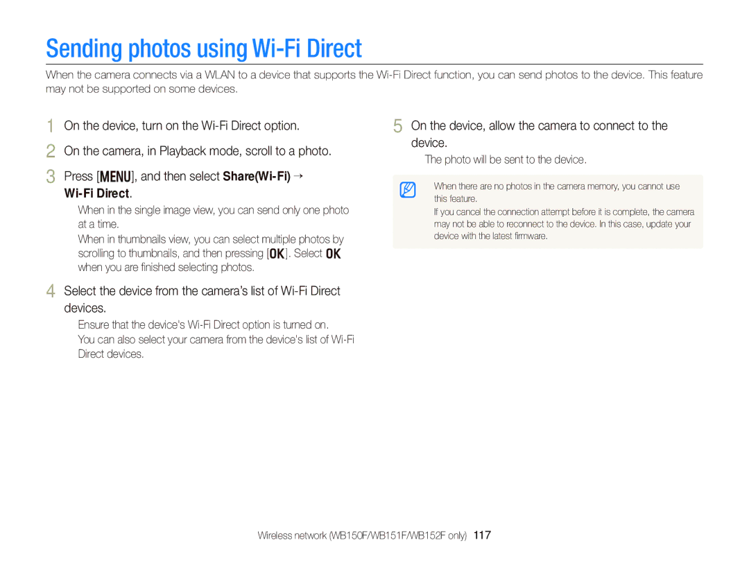 Samsung EC-WB150ZBPWE1 manual Sending photos using Wi-Fi Direct, On the device, allow the camera to connect to the device 