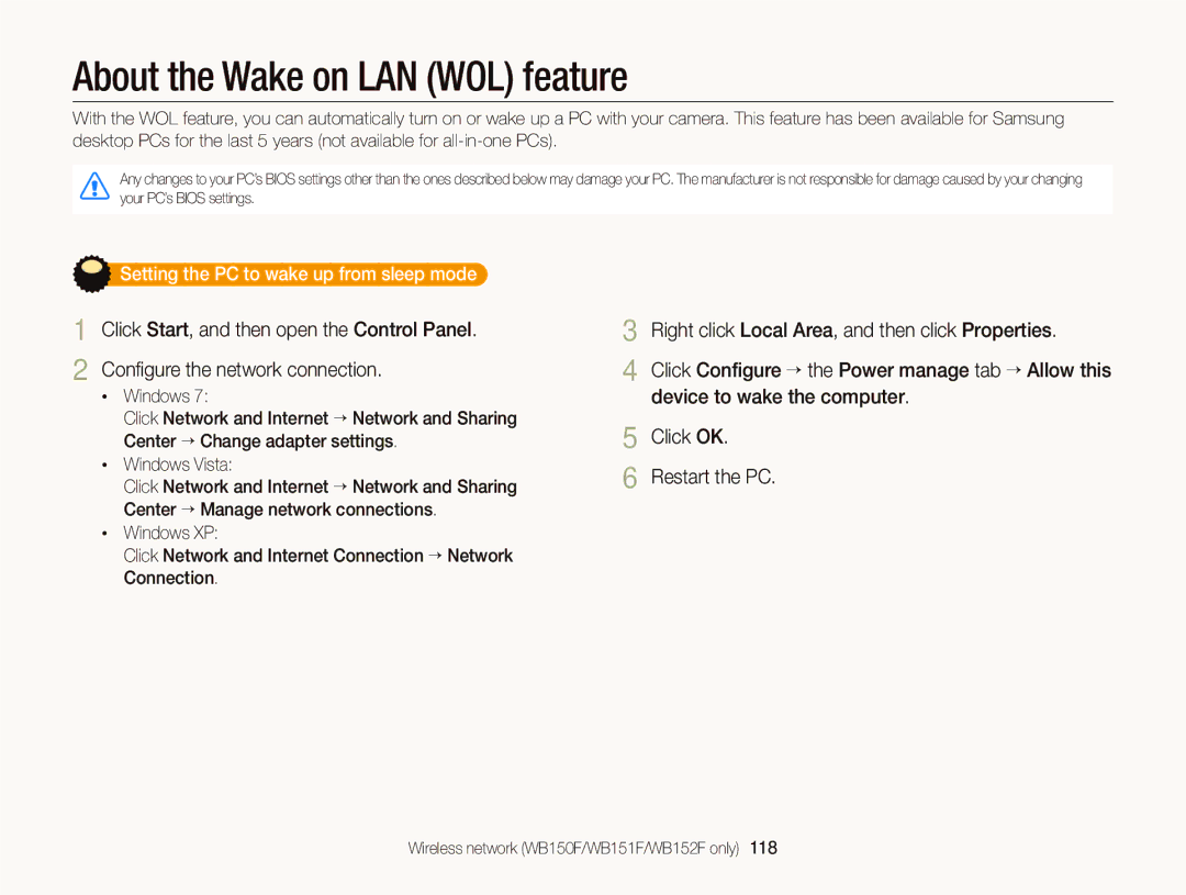 Samsung EC-WB150FBPWAE, EC-WB150FBPWE1 manual About the Wake on LAN WOL feature, Setting the PC to wake up from sleep mode 