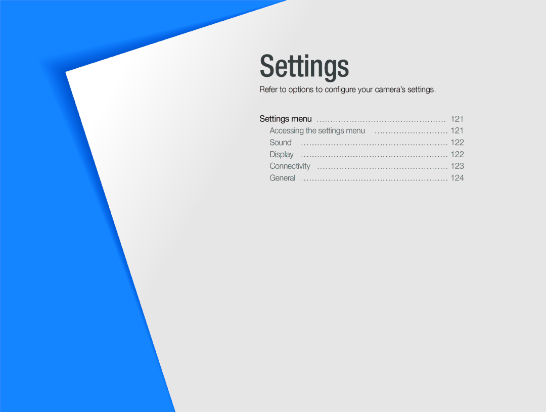 Samsung EC-WB150FBDBSA, EC-WB150FBPWE1, EC-WB150FBPBE1 manual Settings, Refer to options to conﬁgure your camera’s settings 