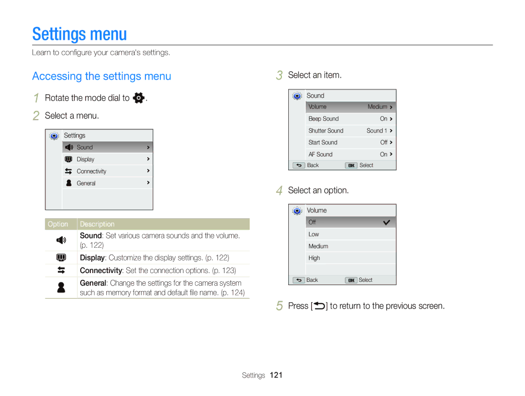 Samsung EC-WB150FBPBSA Settings menu, Accessing the settings menu, Rotate the mode dial to n Select a menu, Select an item 