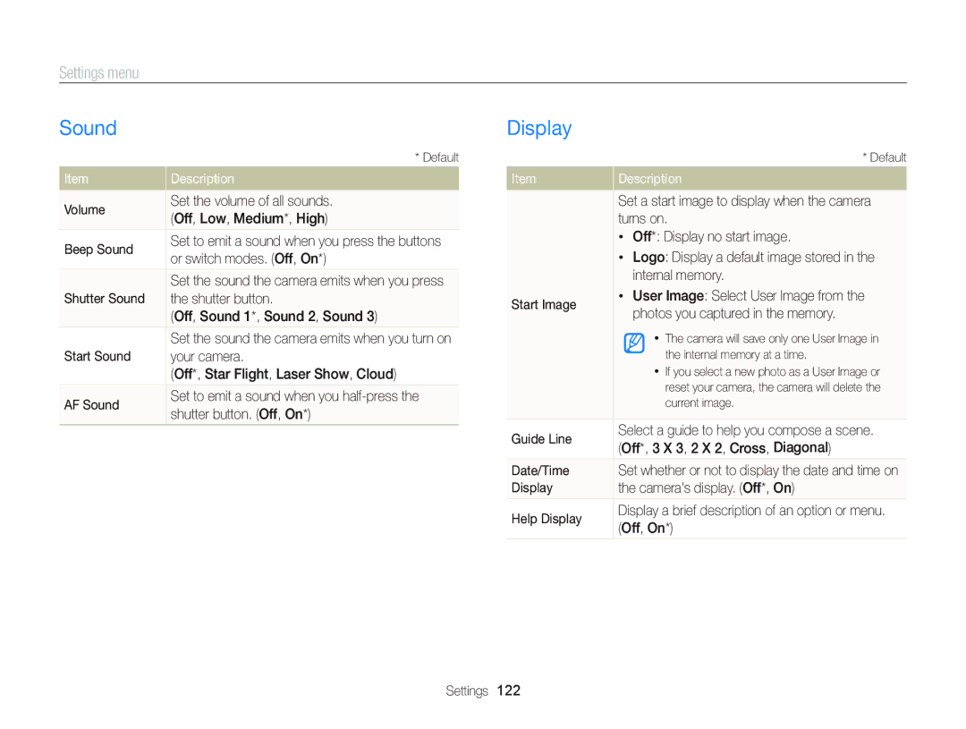 Samsung EC-WB150FBDWKE, EC-WB150FBPWE1, EC-WB150FBPBE1, EC-WB150FBPWFR, EC-WB150FBPBFR manual Sound, Display, Settings menu 