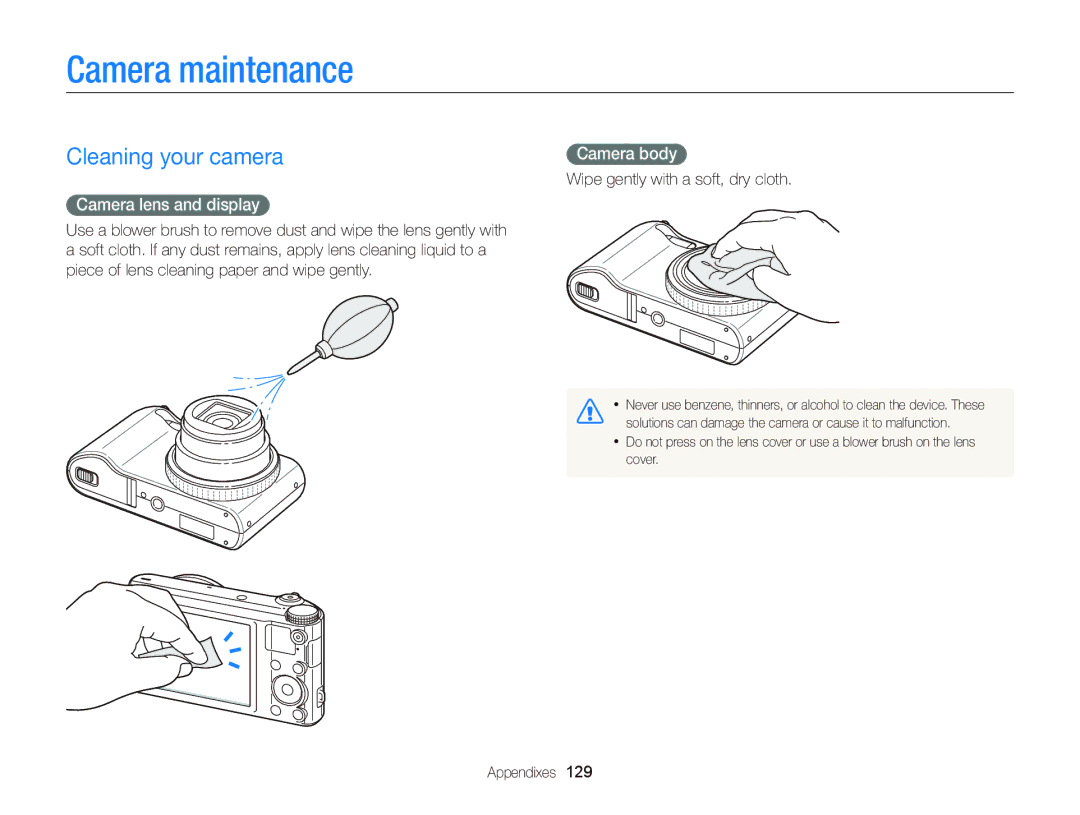 Samsung EC-WB150FBDWMK, EC-WB150FBPWE1 manual Camera maintenance, Cleaning your camera, Camera lens and display, Camera body 