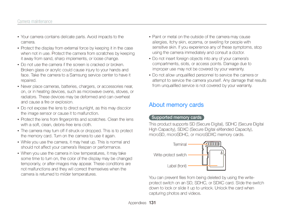 Samsung EC-WB150FDPWIR, EC-WB150FBPWE1, EC-WB150FBPBE1, EC-WB150FBPWFR manual About memory cards, Supported memory cards 