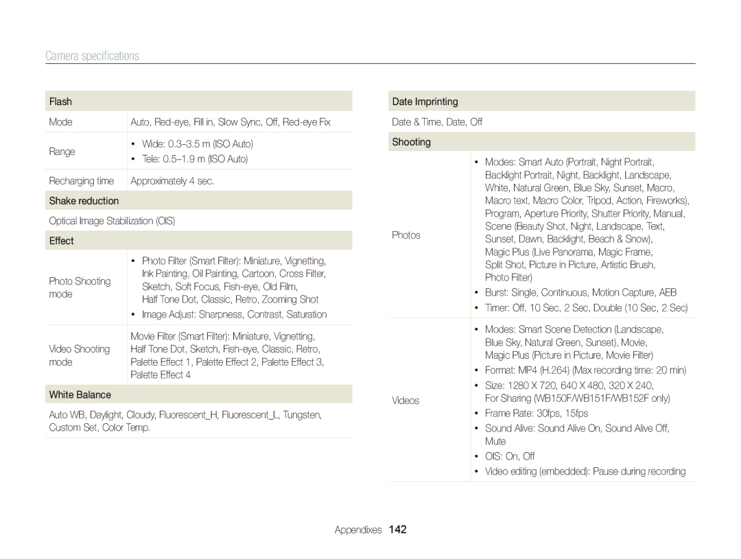 Samsung EC-WB150FBPWE2, EC-WB150FBPWE1, EC-WB150FBPBE1, EC-WB150FBPWFR, EC-WB150FBPBFR, EC-WB150FBPRFR Camera speciﬁcations 