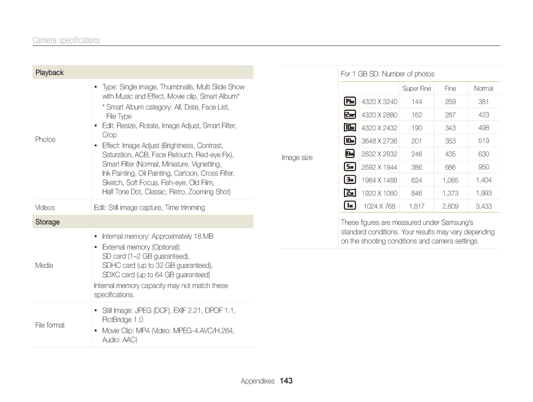 Samsung EC-WB150FBPBE2, EC-WB150FBPWE1, EC-WB150FBPBE1 manual File Type, Photos Crop, Speciﬁcations, File format PictBridge 