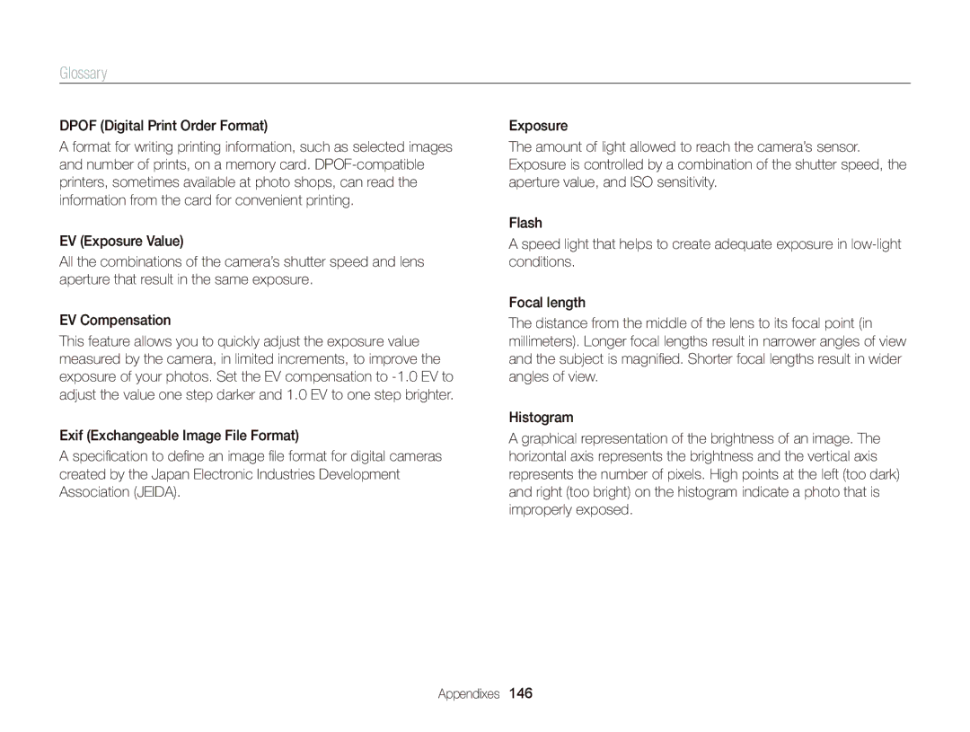 Samsung EC-WB150FBDWE2, EC-WB150FBPWE1, EC-WB150FBPBE1, EC-WB150FBPWFR manual Glossary, Dpof Digital Print Order Format 