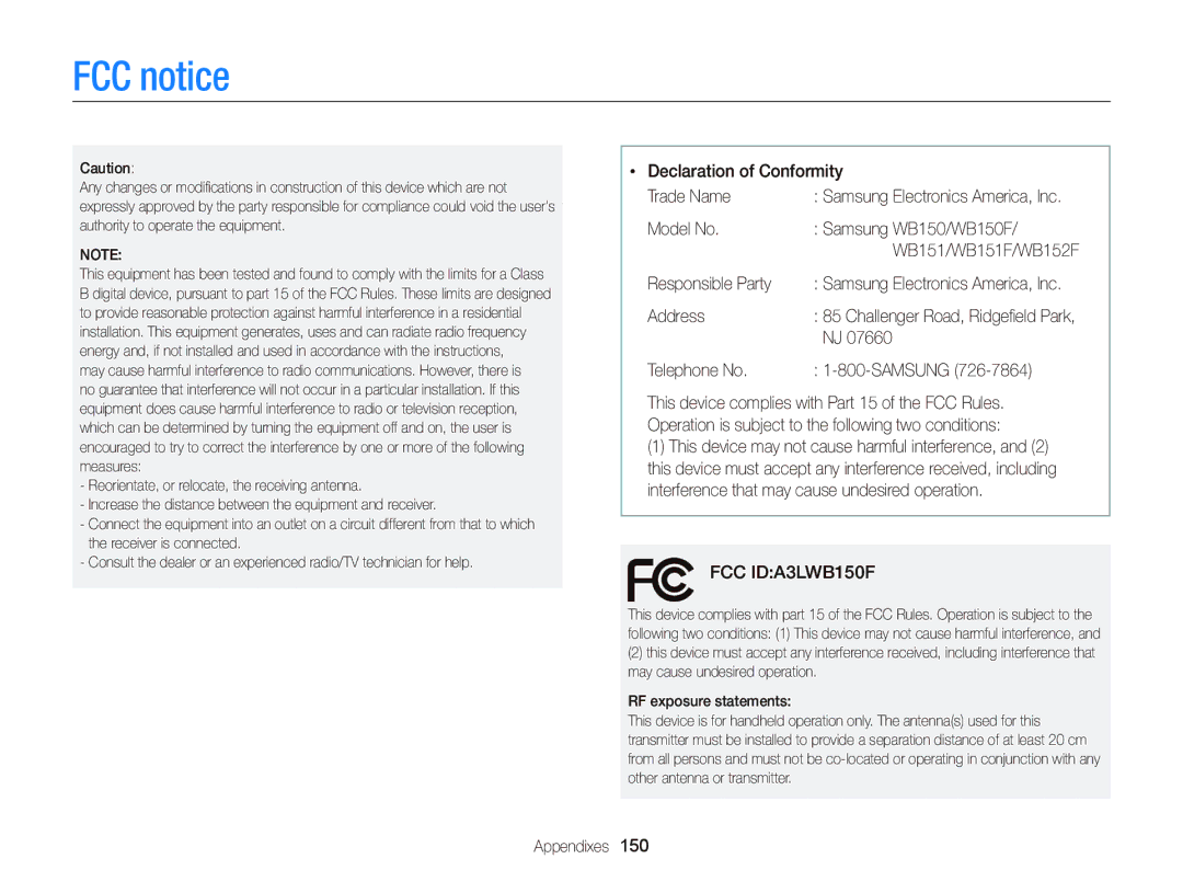 Samsung EC-WB152FBPWRU, EC-WB150FBPWE1, EC-WB150FBPBE1, EC-WB150FBPWFR, EC-WB150FBPBFR, EC-WB150FBPRFR manual FCC notice 