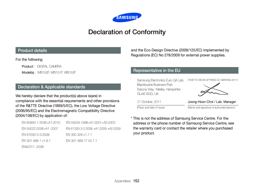 Samsung EC-WB151FBPBRU, EC-WB150FBPWE1, EC-WB150FBPBE1, EC-WB150FBPWFR manual Declaration of Conformity, For the following 