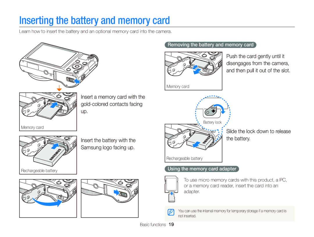 Samsung EC-WB150FDPBIR, EC-WB150FBPWE1 manual Inserting the battery and memory card, Slide the lock down to release, Battery 