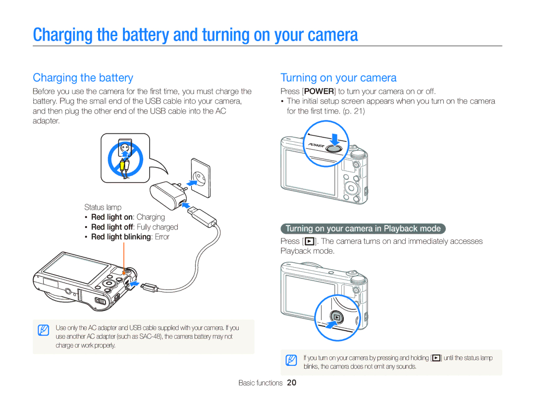 Samsung EC-WB150FDPBME, EC-WB150FBPWE1 manual Charging the battery and turning on your camera, Turning on your camera 