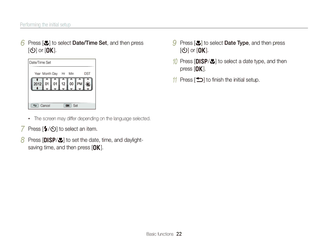 Samsung EC-WB150FBPWSA manual Performing the initial setup, Press c to select Date/Time Set, and then press t or o 