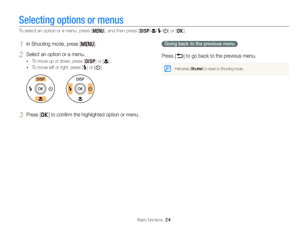 Samsung EC-WB150FBDWSA, EC-WB150FBPWE1 manual Selecting options or menus, Shooting mode, press m Select an option or a menu 