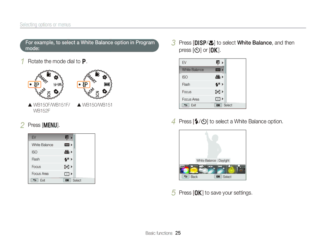 Samsung EC-WB150FDPWIR, EC-WB150FBPWE1, EC-WB150FBPBE1, EC-WB150FBPWFR, EC-WB150FBPBFR manual Selecting options or menus 