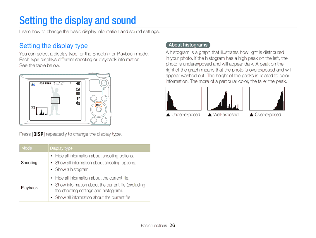 Samsung EC-WB150FDPRME manual Setting the display and sound, Setting the display type, About histograms, Mode Display type 