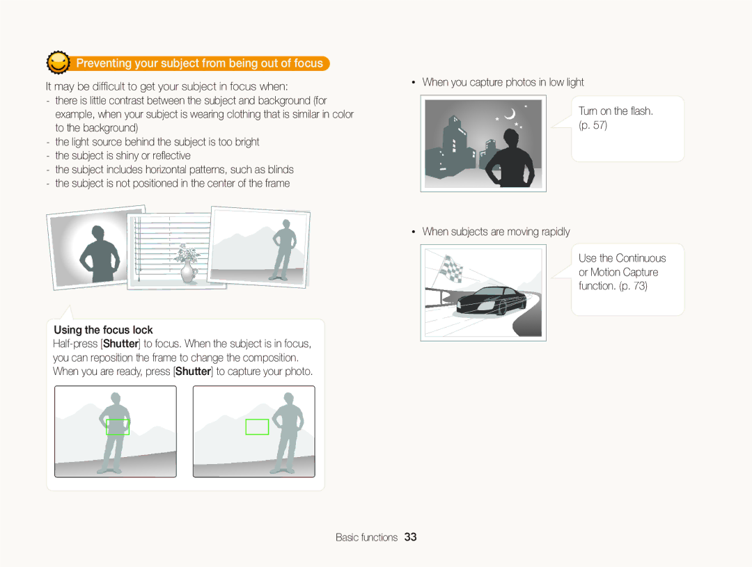 Samsung EC-WB150FBDWE3, EC-WB150FBPWE1, EC-WB150FBPBE1, EC-WB150FBPWFR manual Preventing your subject from being out of focus 