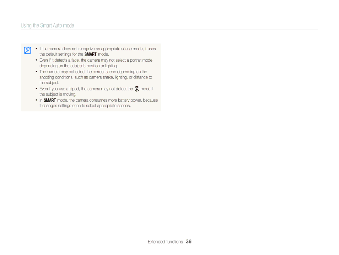 Samsung EC-WB150FBPWE2, EC-WB150FBPWE1, EC-WB150FBPBE1, EC-WB150FBPWFR, EC-WB150FBPBFR manual Using the Smart Auto mode 