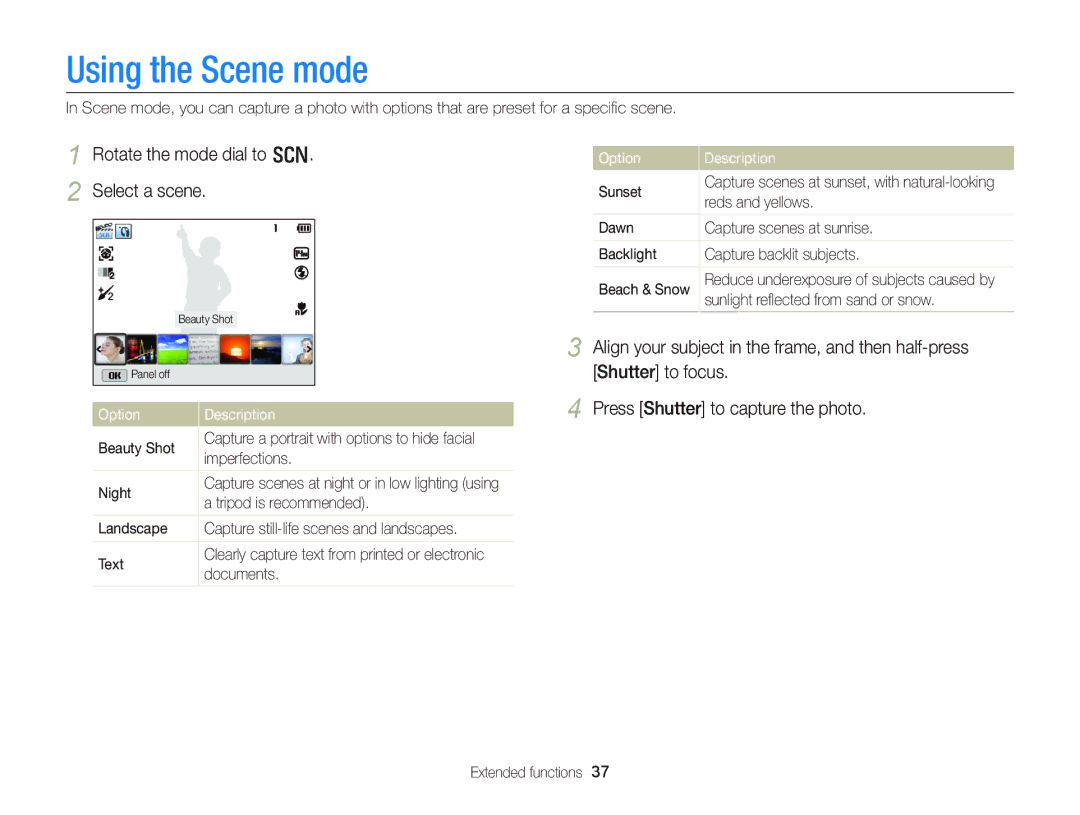 Samsung EC-WB150FBPBE2, EC-WB150FBPWE1, EC-WB150FBPBE1 manual Using the Scene mode, Rotate the mode dial to s Select a scene 