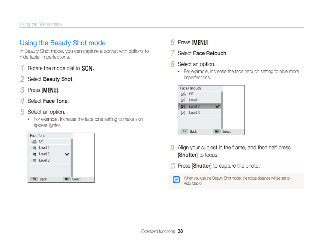Samsung EC-WB150FBPRE2 Using the Beauty Shot mode, Using the Scene mode, Press m Select Face Retouch Select an option 