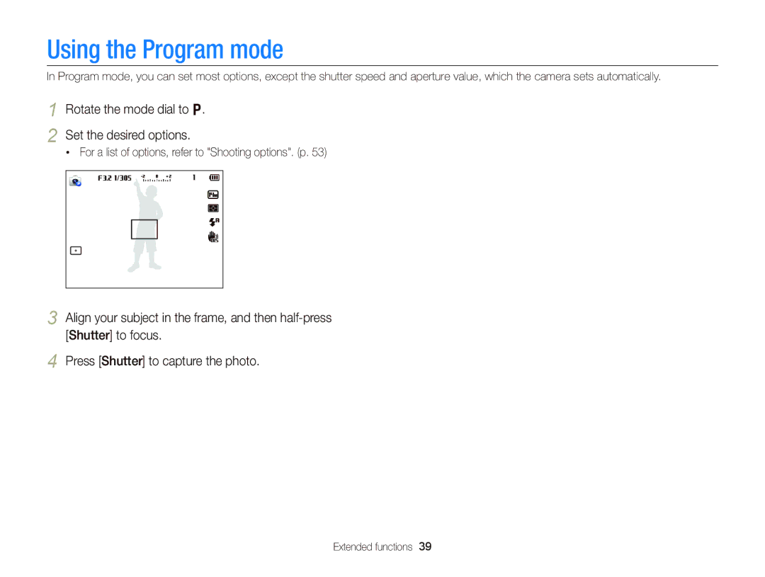 Samsung EC-WB150FBDBE2, EC-WB150FBPWE1 manual Using the Program mode, Rotate the mode dial to p Set the desired options 