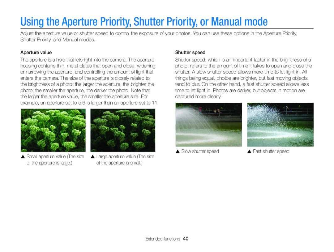Samsung EC-WB150FBDWE2, EC-WB150FBPWE1, EC-WB150FBPBE1 manual Aperture is large Aperture is small Extended functions 