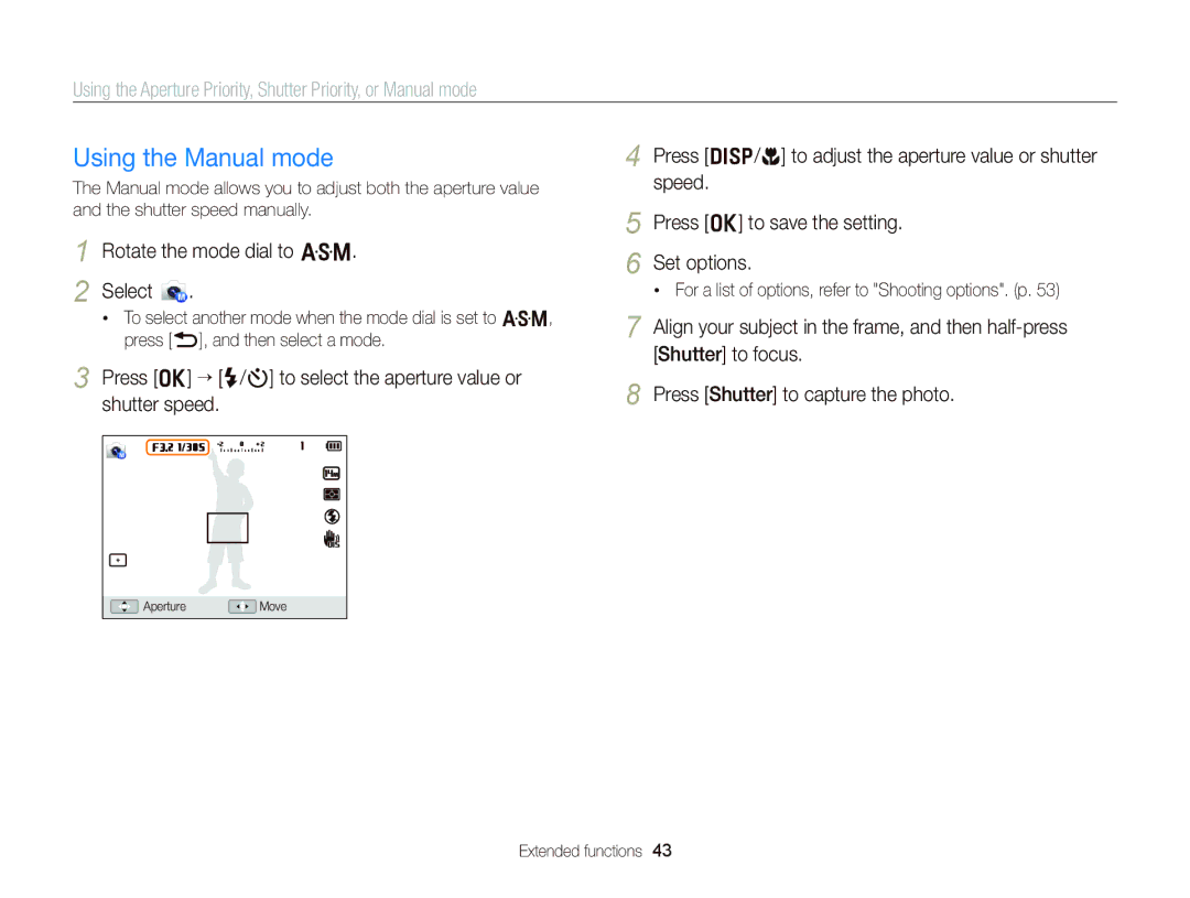 Samsung EC-WB150ZBPWRU, EC-WB150FBPWE1, EC-WB150FBPBE1, EC-WB150FBPWFR, EC-WB150FBPBFR, EC-WB150FBPRFR Using the Manual mode 