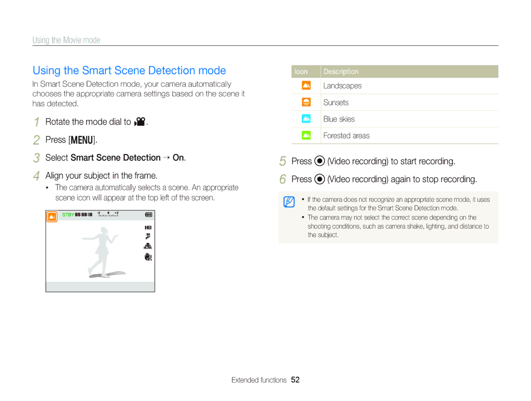 Samsung EC-WB150FBPWE1, EC-WB150FBPBE1, EC-WB150FBPWFR Using the Smart Scene Detection mode, Using the Movie mode, Press 