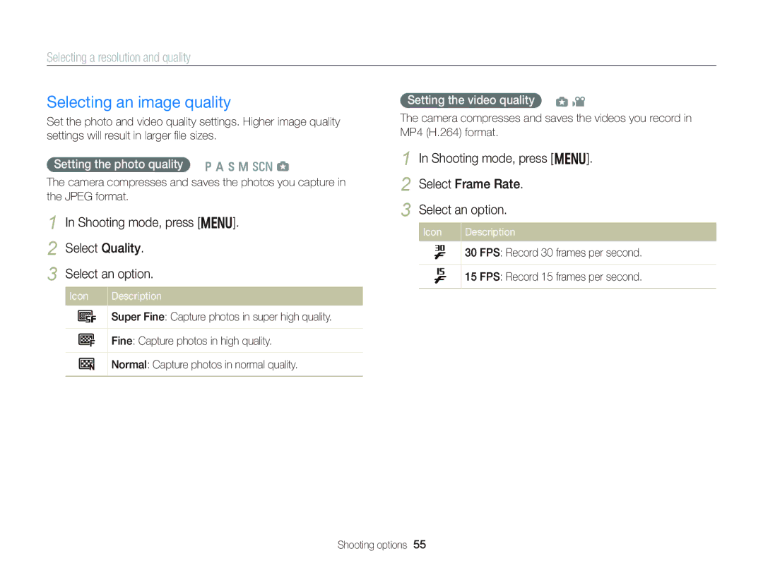 Samsung EC-WB150FBPBFR, EC-WB150FBPWE1, EC-WB150FBPBE1 manual Selecting an image quality, Selecting a resolution and quality 